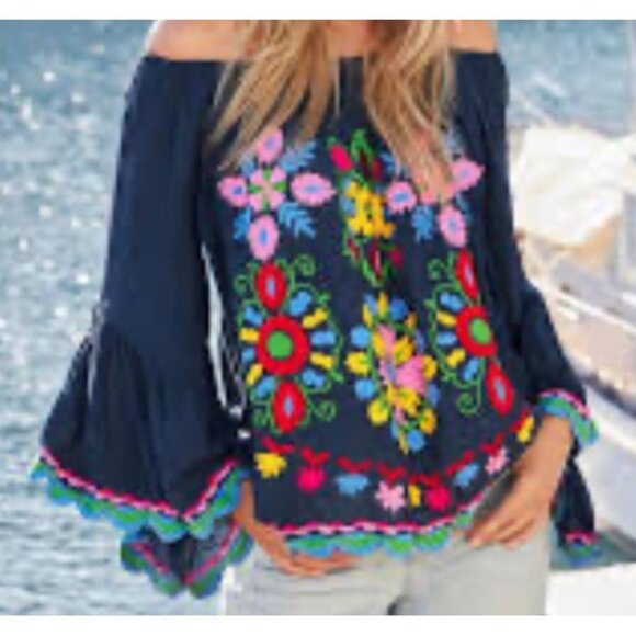 Ruby Yaya Women's Sz Small Shirt Multicolor Embellished Smocked Bell Sleeve - Picture 1 of 9